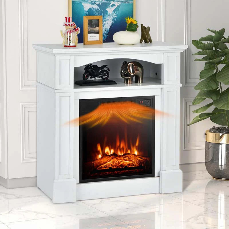 32" Electric Fireplace Mantel, Freestanding Wooden Surround Firebox with 1400W Fireplace Heater, Remote, Thermostat, 6H Timer