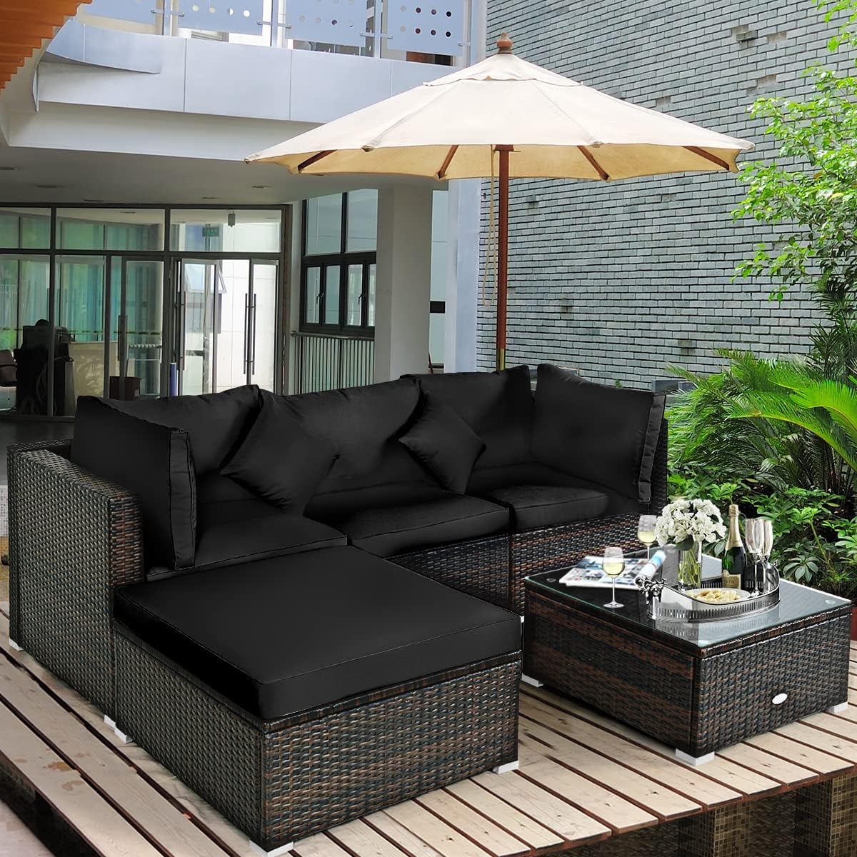 5 pieces of outdoor patio furniture, L-shaped rattan three-seater sofa with tempered glass coffee table, footstool, 3 single chairs, rattan outdoor party set, suitable for backyard, porch, balcony, black version1 pcs