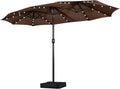 15 ft Large Patio Umbrella with Solar Lights Double-Sided Outdoor Rectangle Market Umbrellas with 36 LED Lights/Base Included/Easy Crank for Patio Garden Yard Pool Lawn, Brown