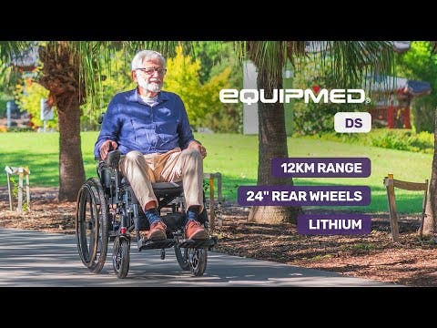 EQUIPMED Electric Wheelchair Folding, Long Range, Airline Approved, Lithium Battery, 24" Light Rear Wheels, Matte Black/Blue