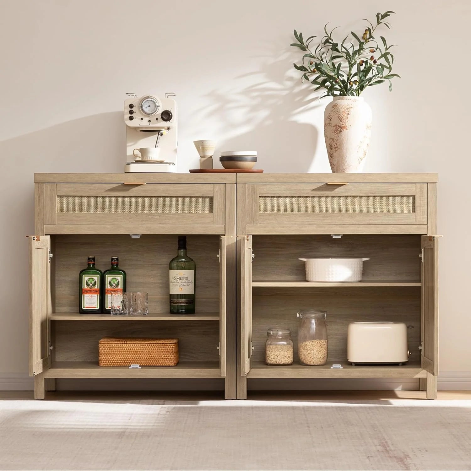 Sideboard Buffet Storage Cabinet Set of 2, Rattan Credenza Buffet Table, Boho Console Accent Cabinet with Doors and Drawer, Coffee Bar Cabinets for Kitchen Entryway Living Room, Natural1 pcs