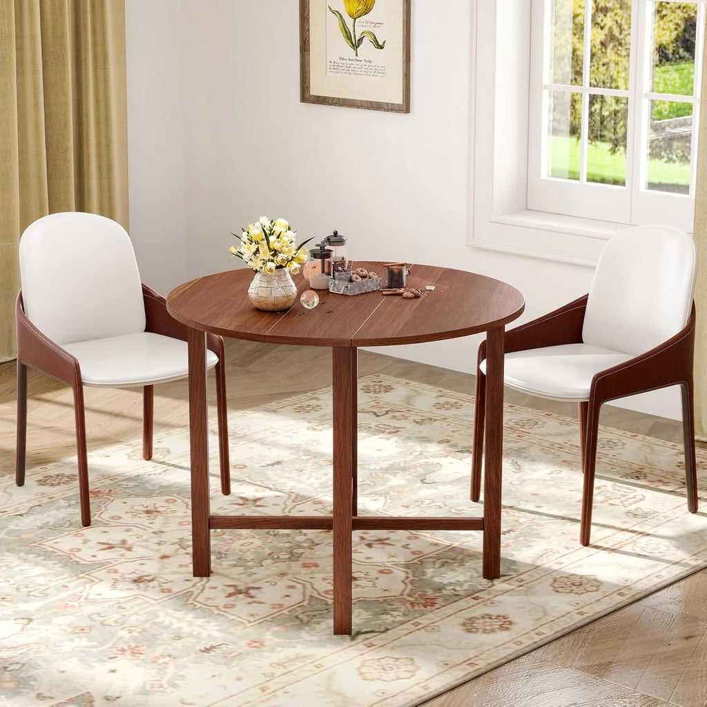 Round Drop Leaf Dining Table, 36” Folding Kitchen Table with Solid Wood Legs, Farmhouse Extendable Table for 2-4 People, Dinner Table for Dining Room, Living Room, Restaurant, Walnut1 pcs