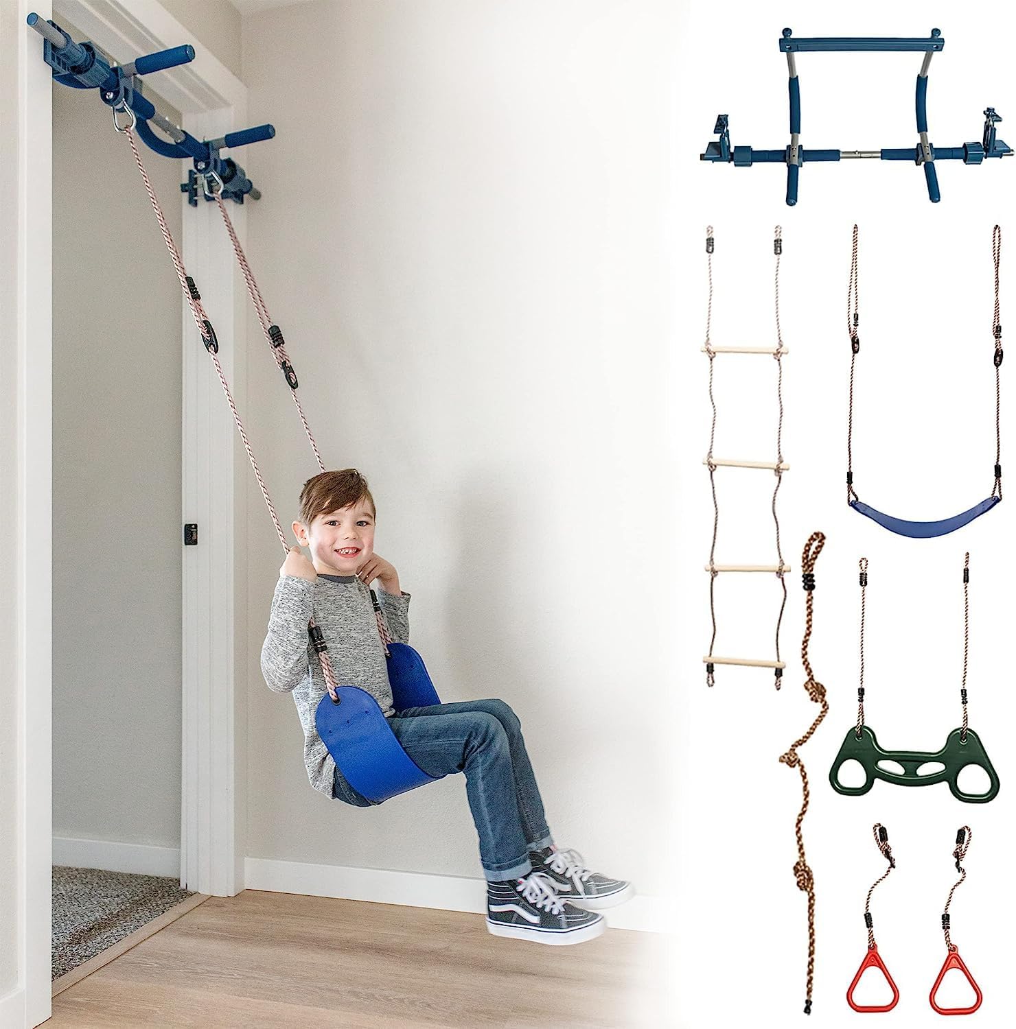 6-Piece Doorway Gym for Kids, includes Door Sensory Swing, Indoor Pull-Up Bar for Adults, Rings, Hanging Trapeze, Ladder & Knotted Rope, Holds Up to 300 Lbs