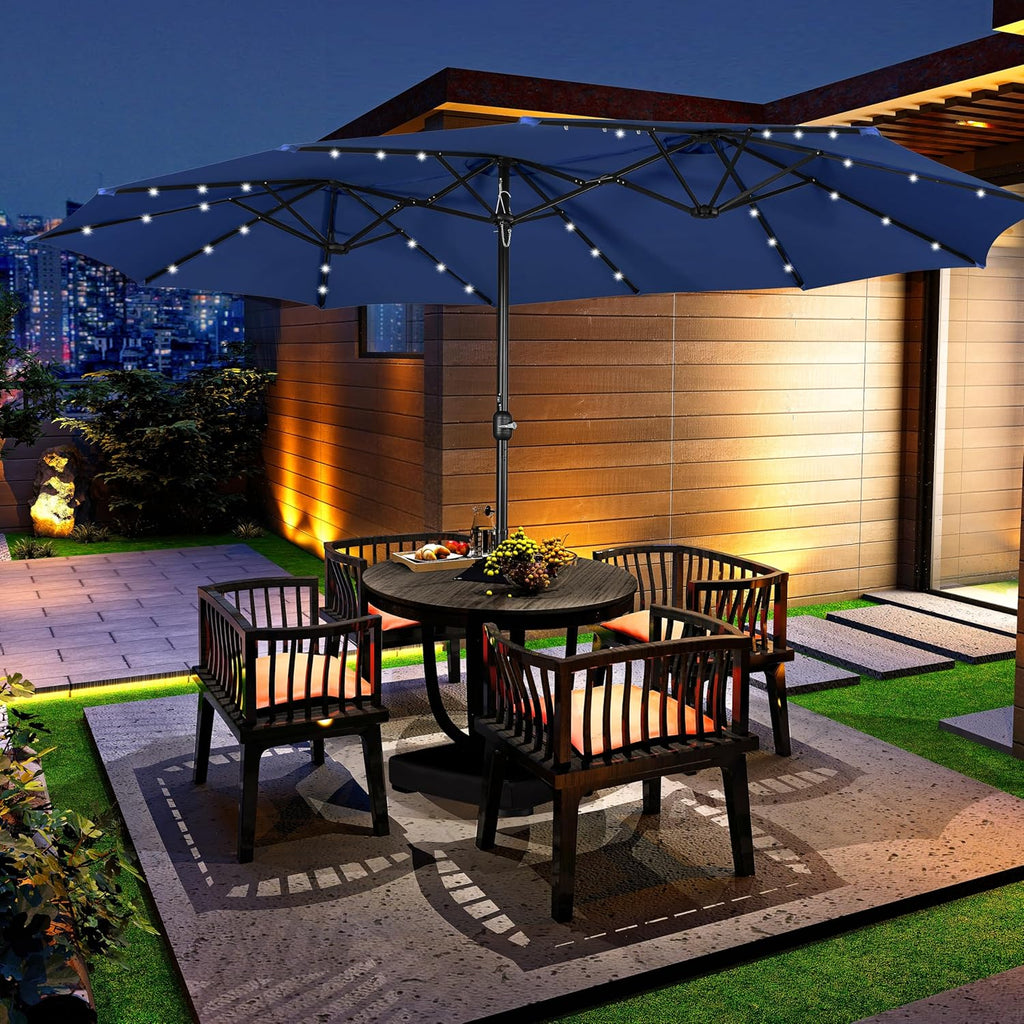 15 ft Large Patio Umbrella with Solar Lights Double-Sided Outdoor Rectangle Market Umbrellas with 36 LED Lights/Base Included/Easy Crank for Patio Garden Yard Pool Lawn, Brown