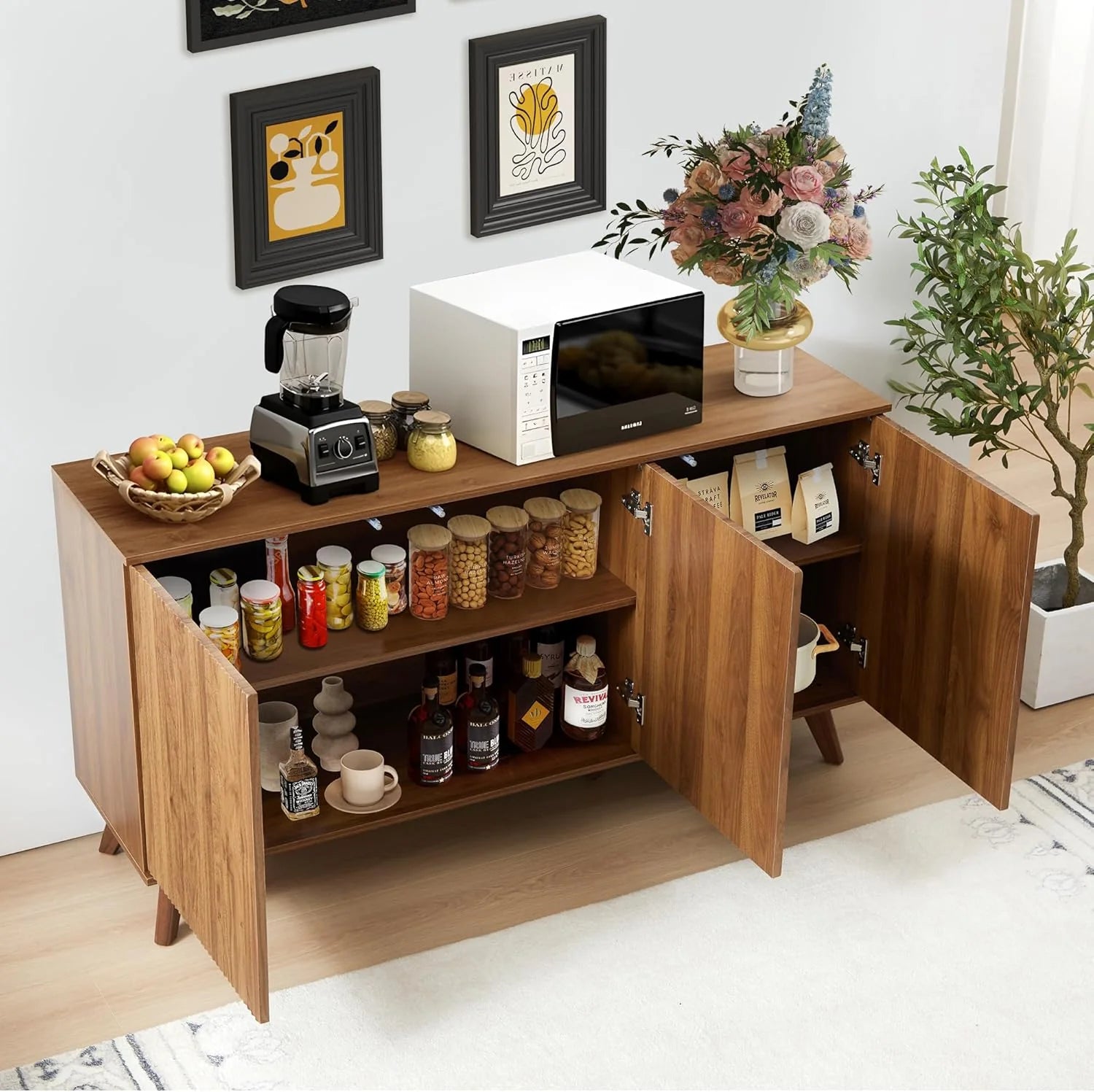 Modern Sideboard Buffet Cabinet Console Table, Accent Storage Cabinet Credenza Buffer Cabinets with 4 Fluted Doors for Kitchen Dining Living Room Entryway (Walnut)1 pcs