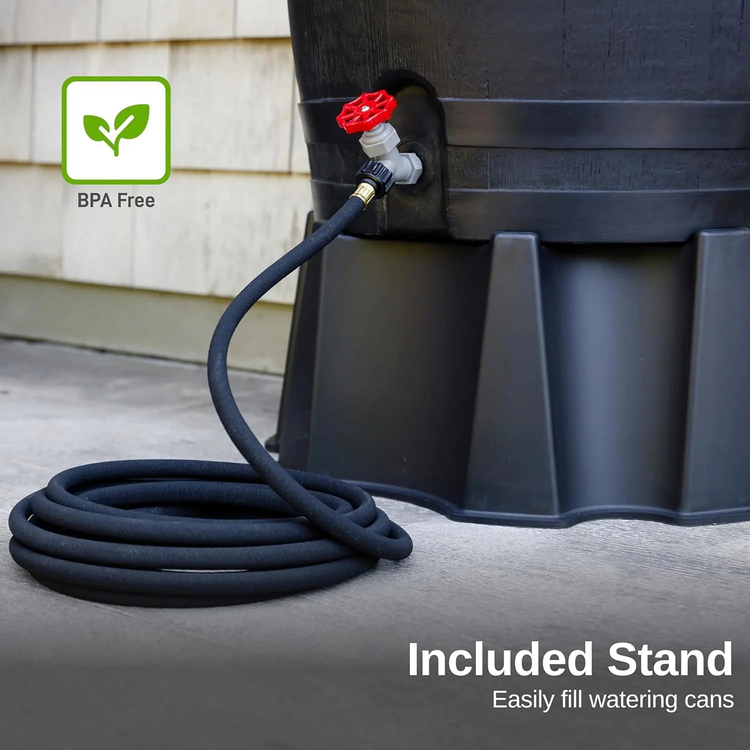 RTS Home Accents 50-Gallon ECO Rain Barrel Made with 100% Recycled Plastic, Flat Back Rain Water Collection Barrel, Black1 pcs