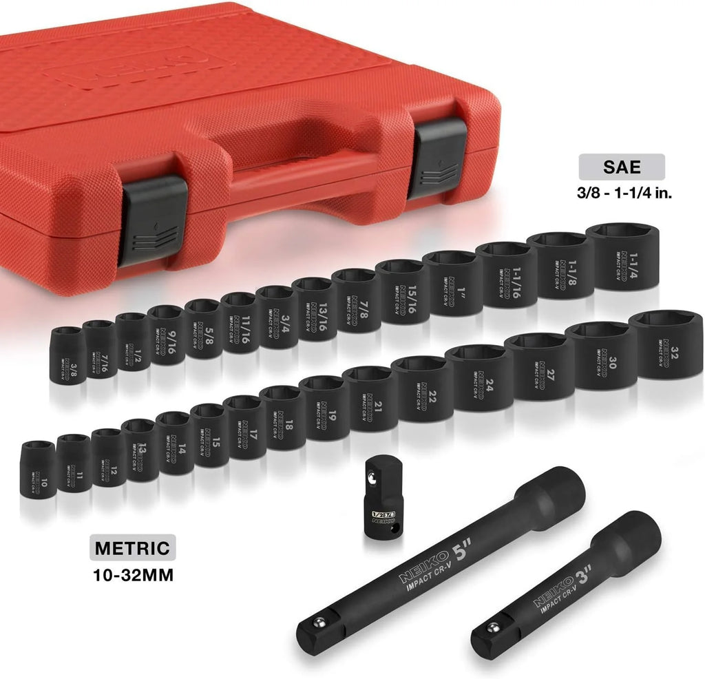 02448A 1/2" Drive Master Impact Socket Set, 65 Piece, Standard SAE (3/8"-1-1/4") & Metric (10-24 mm) Sizes, Deep & Shallow Kit, Includes Adapters & Ratchet Handle1 pcs