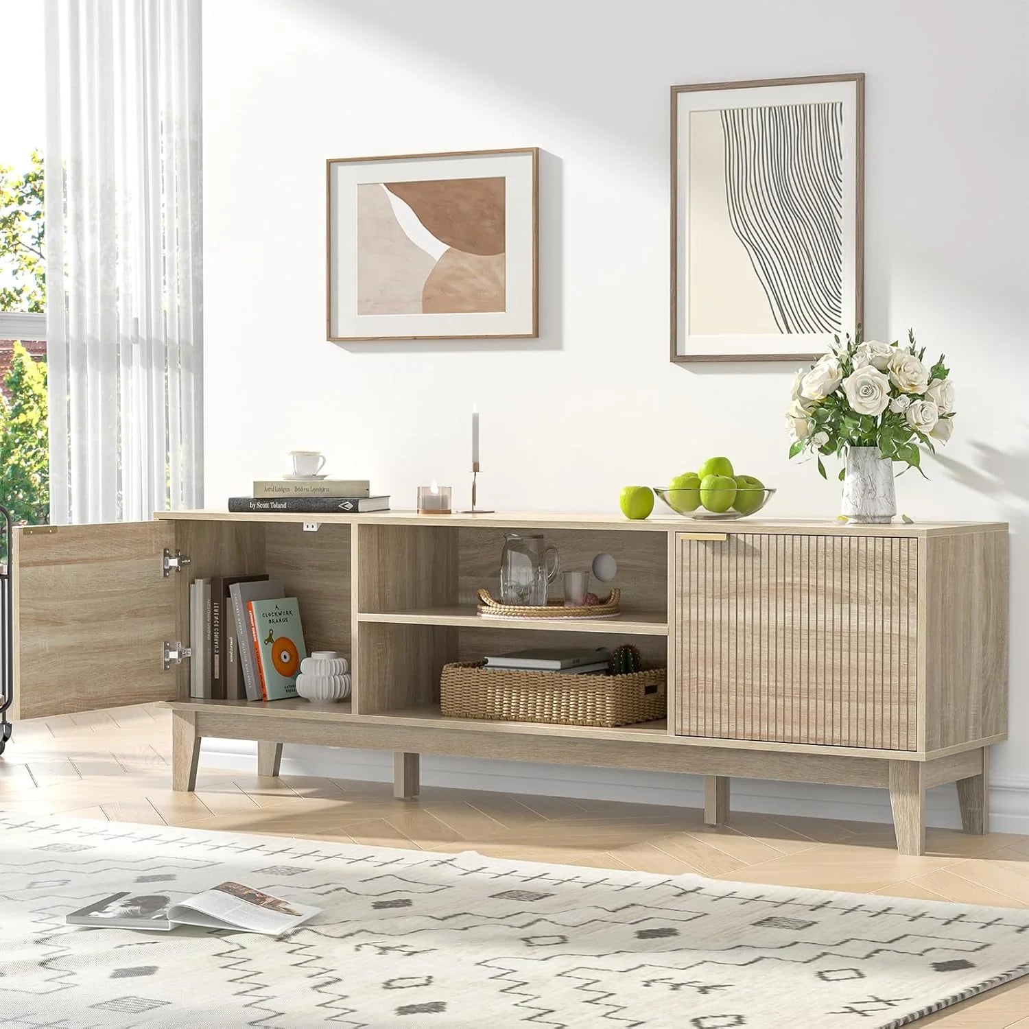 70" TV Stand for Living Room, Fluted Mid-Century Modern TV Console for TVs up to 80 inch, Farmhouse Entertainment Center with 2 Storage, Media Console Table for Living Room, Oak1 pcs