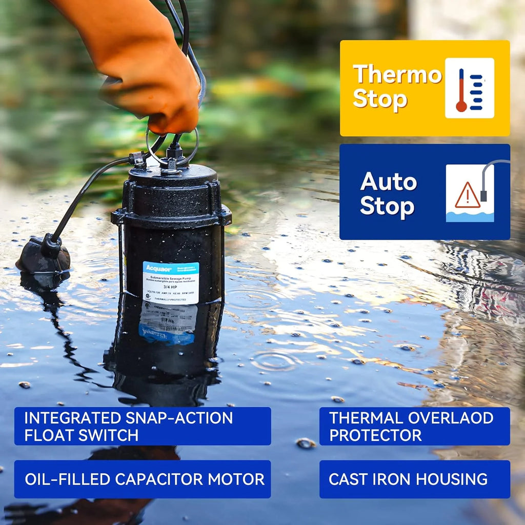 3/4 horsepower submersible sewage discharge pump, cast iron material, 115 volts, 6400 gallons per hour, automatic tethered float switch, for sewage pits, basements, and collection pits of residential sewage, 2-inch NPT outlet1 pcs