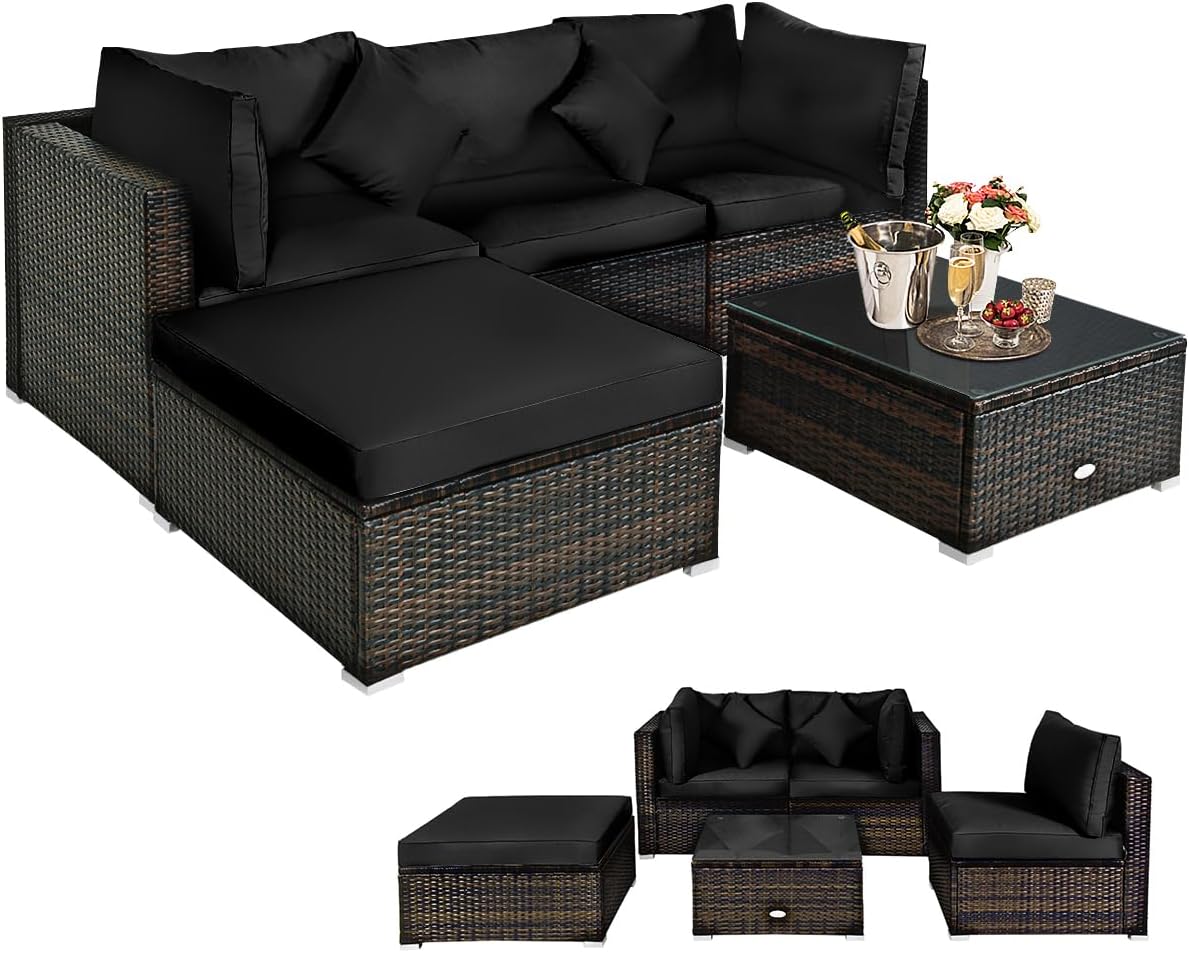 5 pieces of outdoor patio furniture, L-shaped rattan three-seater sofa with tempered glass coffee table, footstool, 3 single chairs, rattan outdoor party set, suitable for backyard, porch, balcony, black version1 pcs