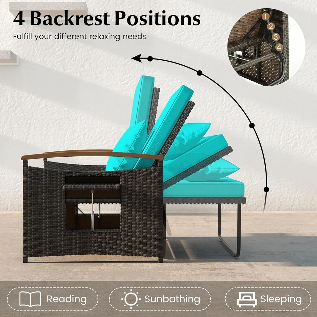 Outdoor Wicker Sofa Daybed, Rattan Loveseat with Folding Panels & Storage Ottoman, 4-Level Adjustable Backrest, Cozy Cushions Included, Sun Lounger Daybed for Backyard Porch,1 pcs