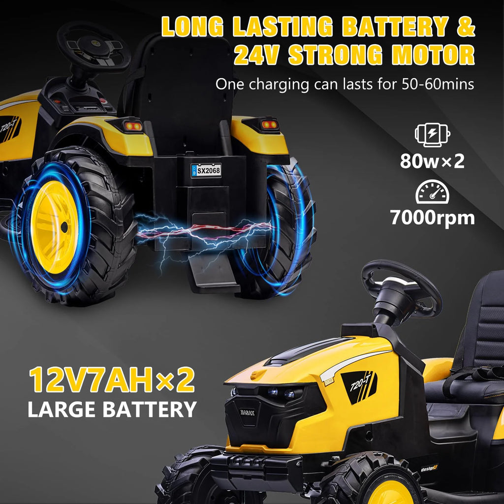 3-in-1 Ride-On Tractor, 24V Electric, Excavator & Bulldozer, Remote Control, LED, Music, USB/Bluetooth max 66 lbs �� Bright-yellow
