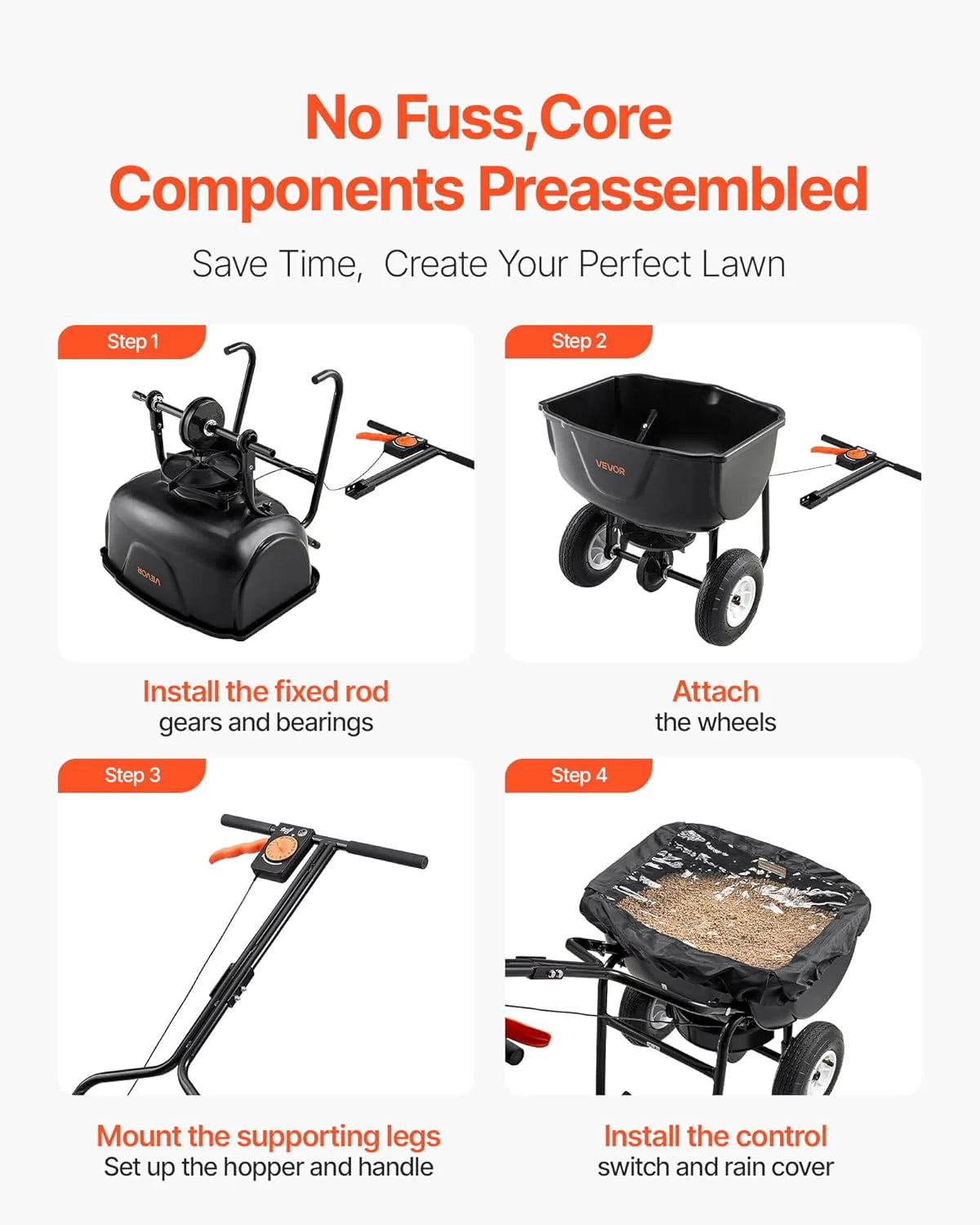 Broadcast Spreader, 60LBS Capacity, Walk-Behind Push Spreader, 0-9.8 ft Spreading Width, 10 in All Terrain Pneumatic Tires, Lawn Spreaders with Hopper Grate, for Seed, Fertilizer, Salt, Ice Melt1 pcs