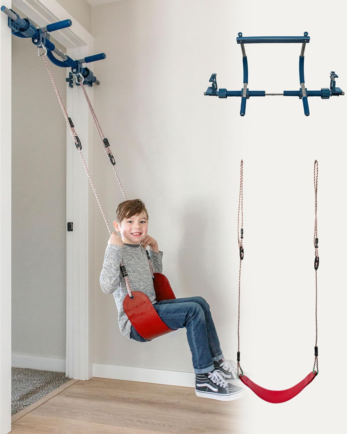 6-Piece Doorway Gym for Kids, includes Door Sensory Swing, Indoor Pull-Up Bar for Adults, Rings, Hanging Trapeze, Ladder & Knotted Rope, Holds Up to 300 Lbs