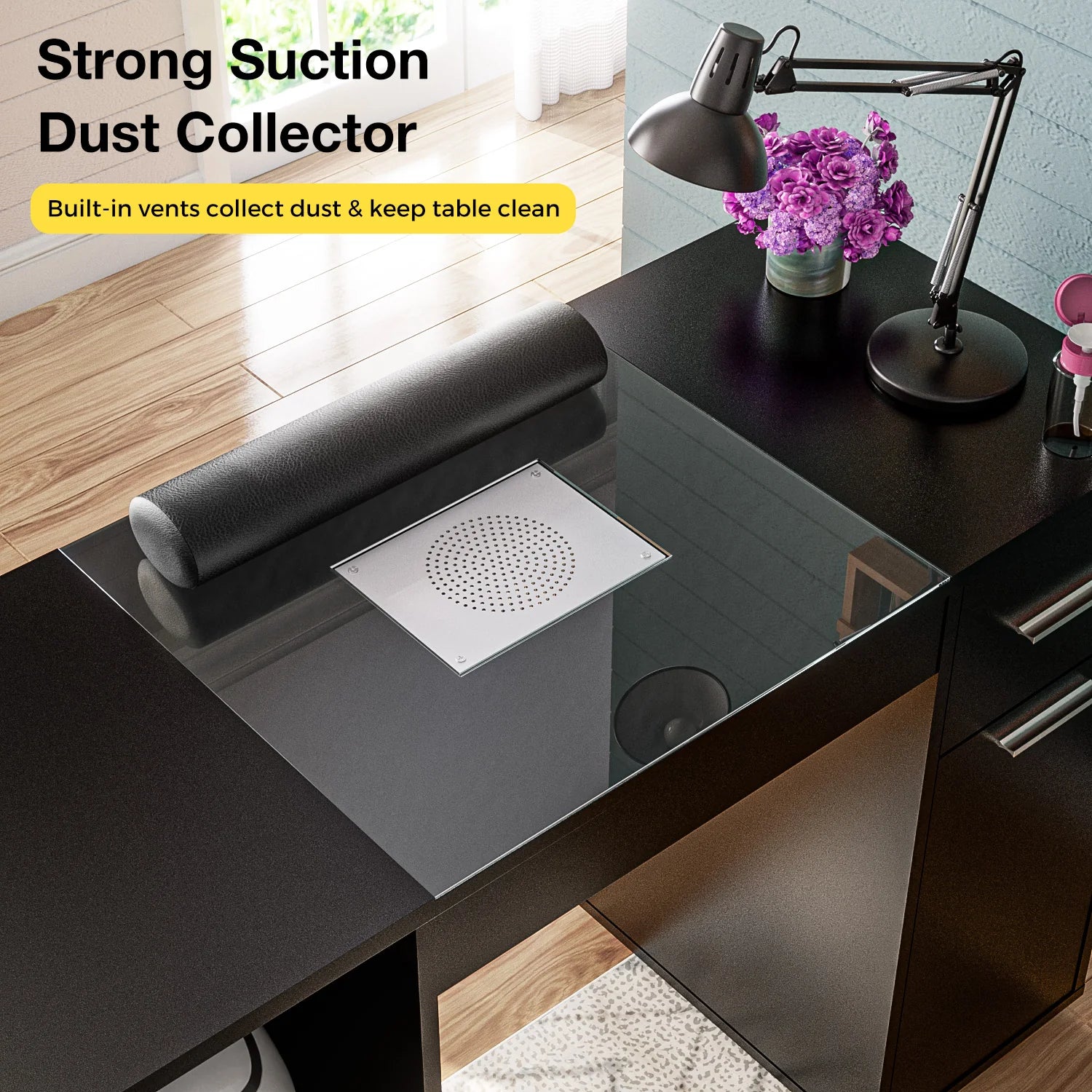 Manicure Table with Glass Top Black