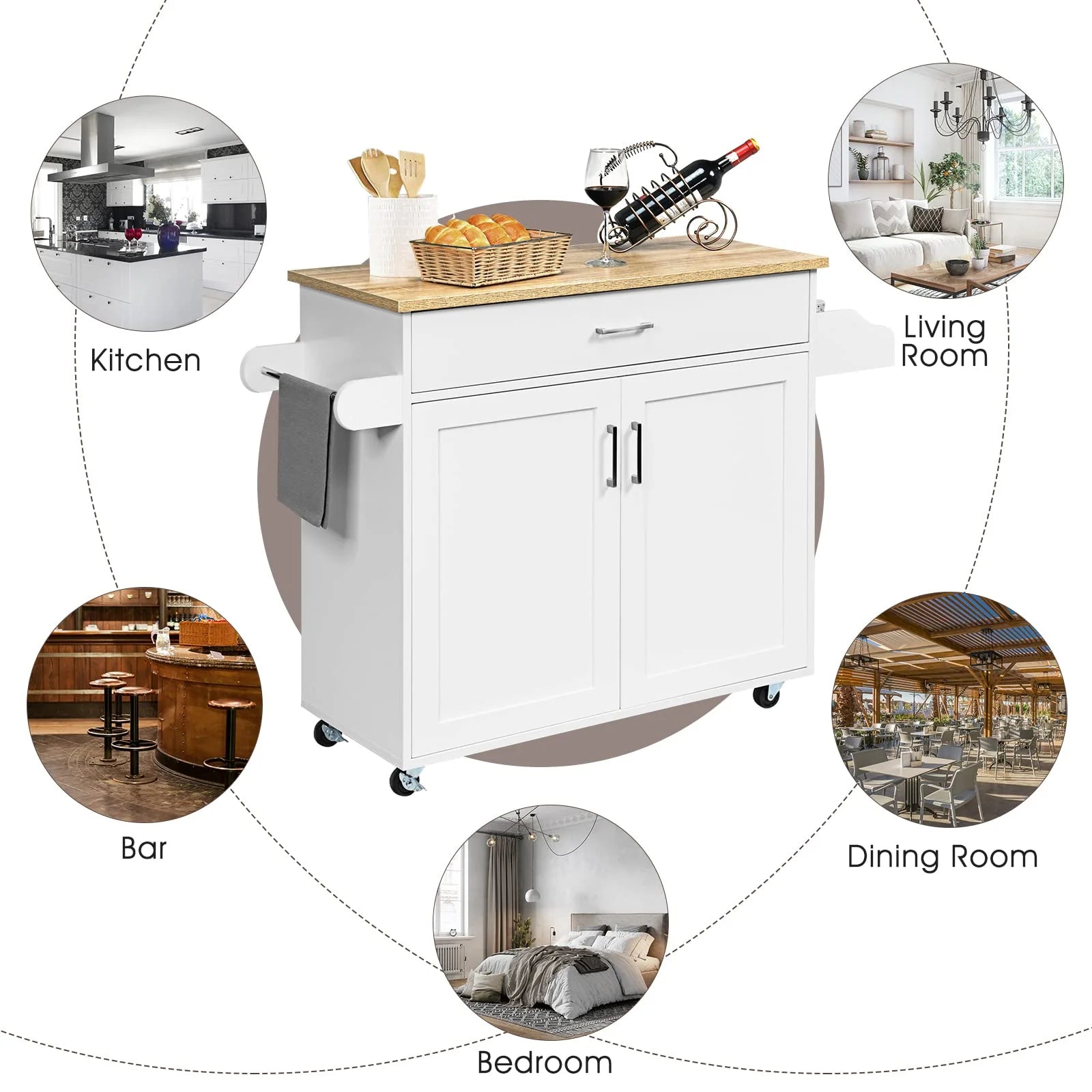Giantex Wooden Rolling Kitchen Island, Storage Cart Trolley w/ Adjustable Shelf, Spice Storage Sgelf, Towel Rack & Drawer