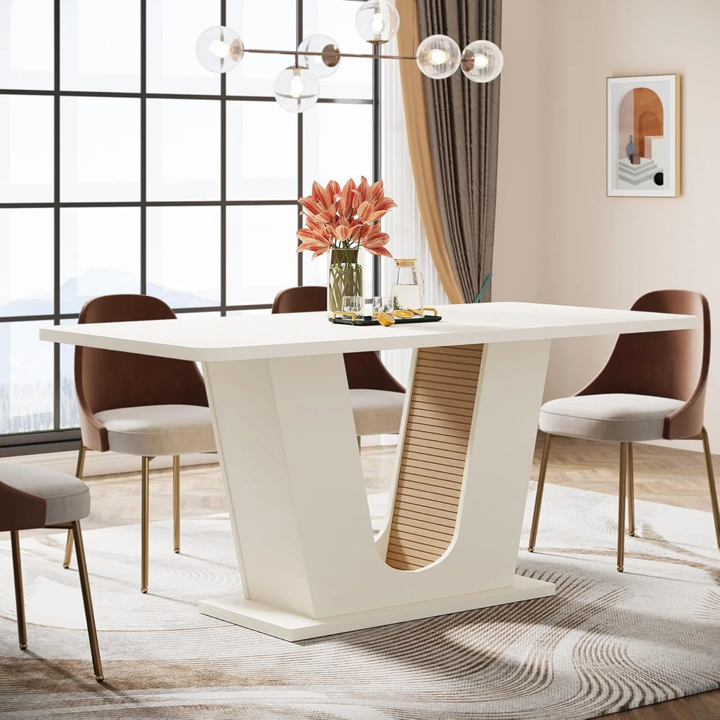 Modern Dining Table for 4-6 People, 55-Inch Rectangular Kitchen Table with U-Shaped Base, Dinner Table for Kitchen Dining Room Apartment, Cream White1 pcs