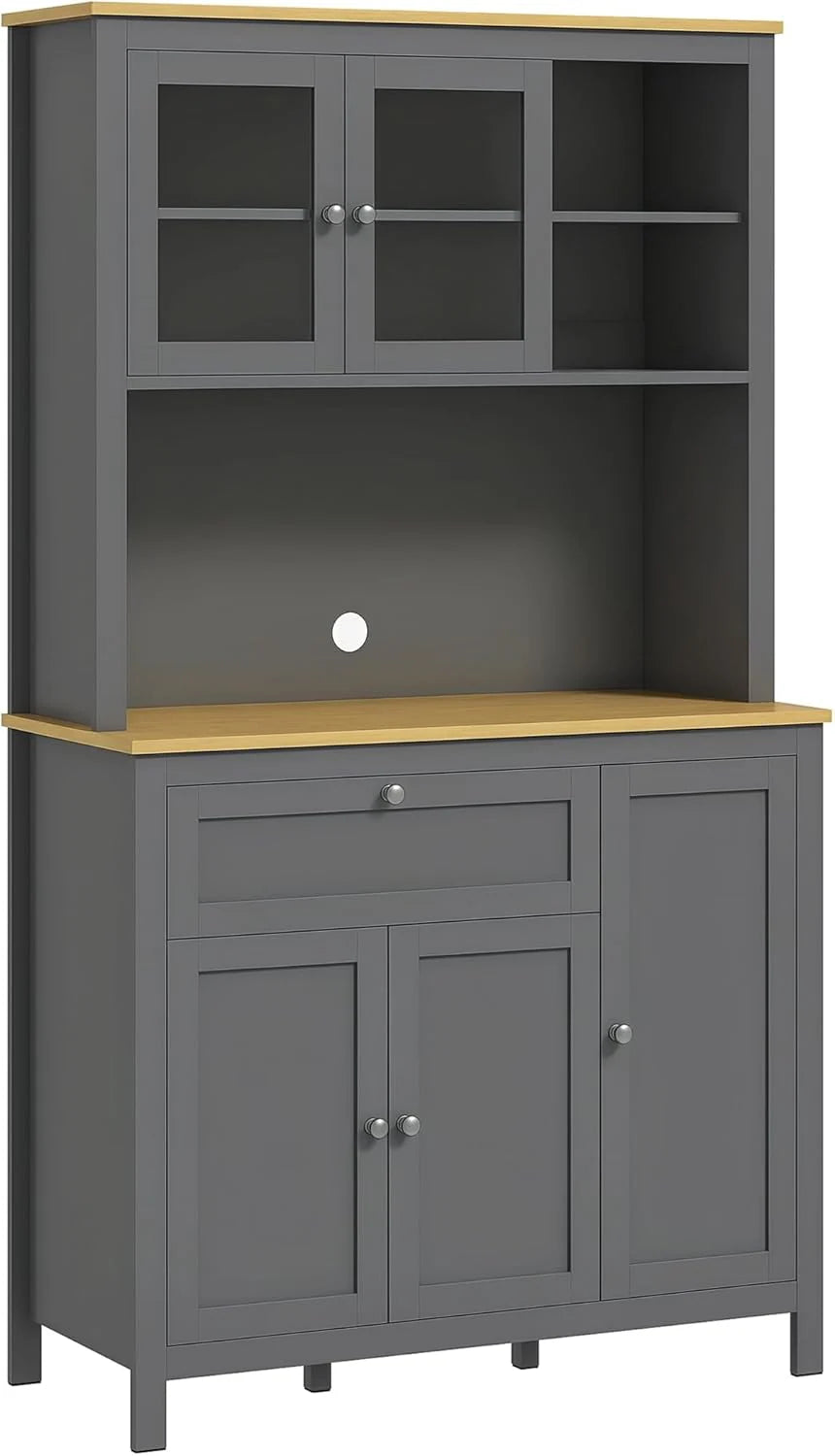 71" Kitchen Pantry Cabinet, Wide Buffet Cabinet with Countertop, Freestanding Storage Cabinet with 5 Doors, Adjustable Shelves, Drawer, Glass Door, Cable Management, Grey1 pcs