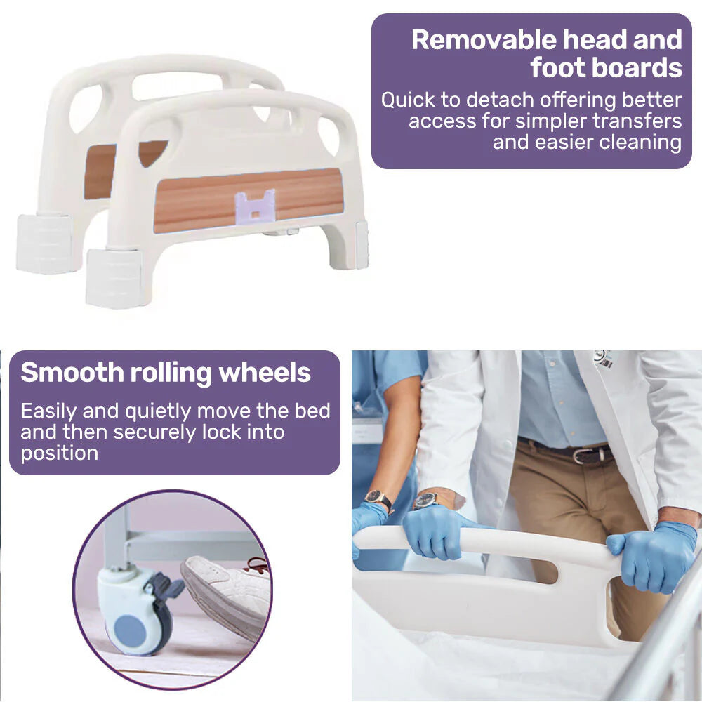 EQUIPMED Medical Bed, w/ Mattress & Over Bed Table, Easy Manual Back and Leg Incline Adjustable, IV Pole, Home Aged Care or ICU Hospital