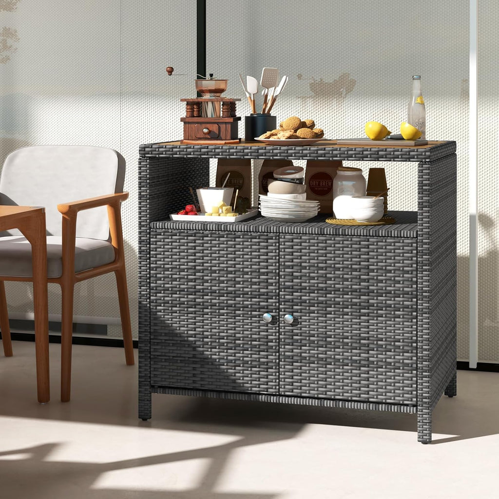 Rattan Storage Cabinet, Patio Sideboard Buffet Cabinet with Acacia Wood Countertop, Open Shelf & 2 Door Cabinet, Wicker Storage Organizer for Garden Tools (Mixed Brown)1 pcs