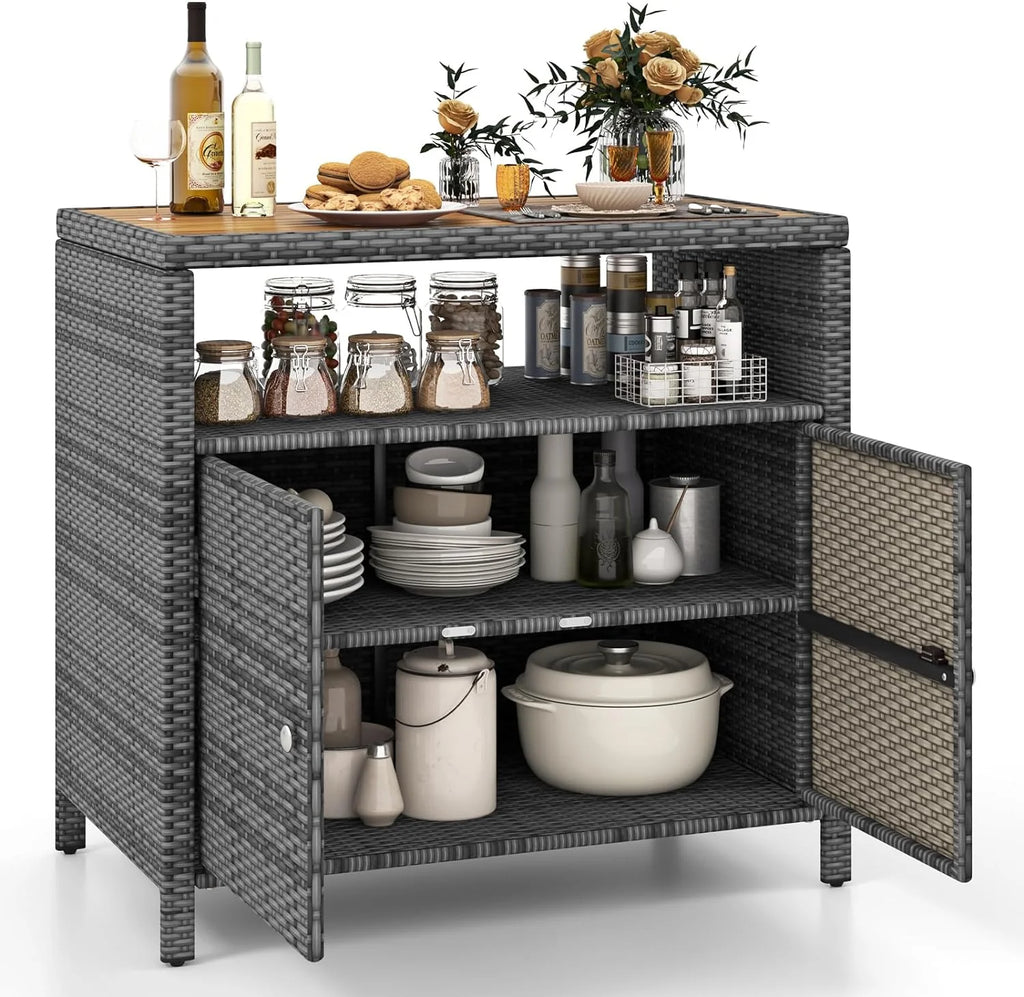 Rattan Storage Cabinet, Patio Sideboard Buffet Cabinet with Acacia Wood Countertop, Open Shelf & 2 Door Cabinet, Wicker Storage Organizer for Garden Tools (Mixed Brown)1 pcs