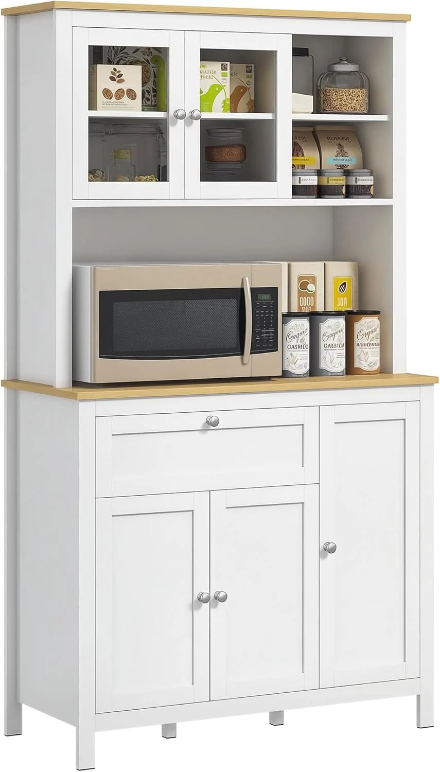 71" Kitchen Pantry Cabinet, Wide Buffet Cabinet with Countertop, Freestanding Storage Cabinet with 5 Doors, Adjustable Shelves, Drawer, Glass Door, Cable Management, Grey1 pcs
