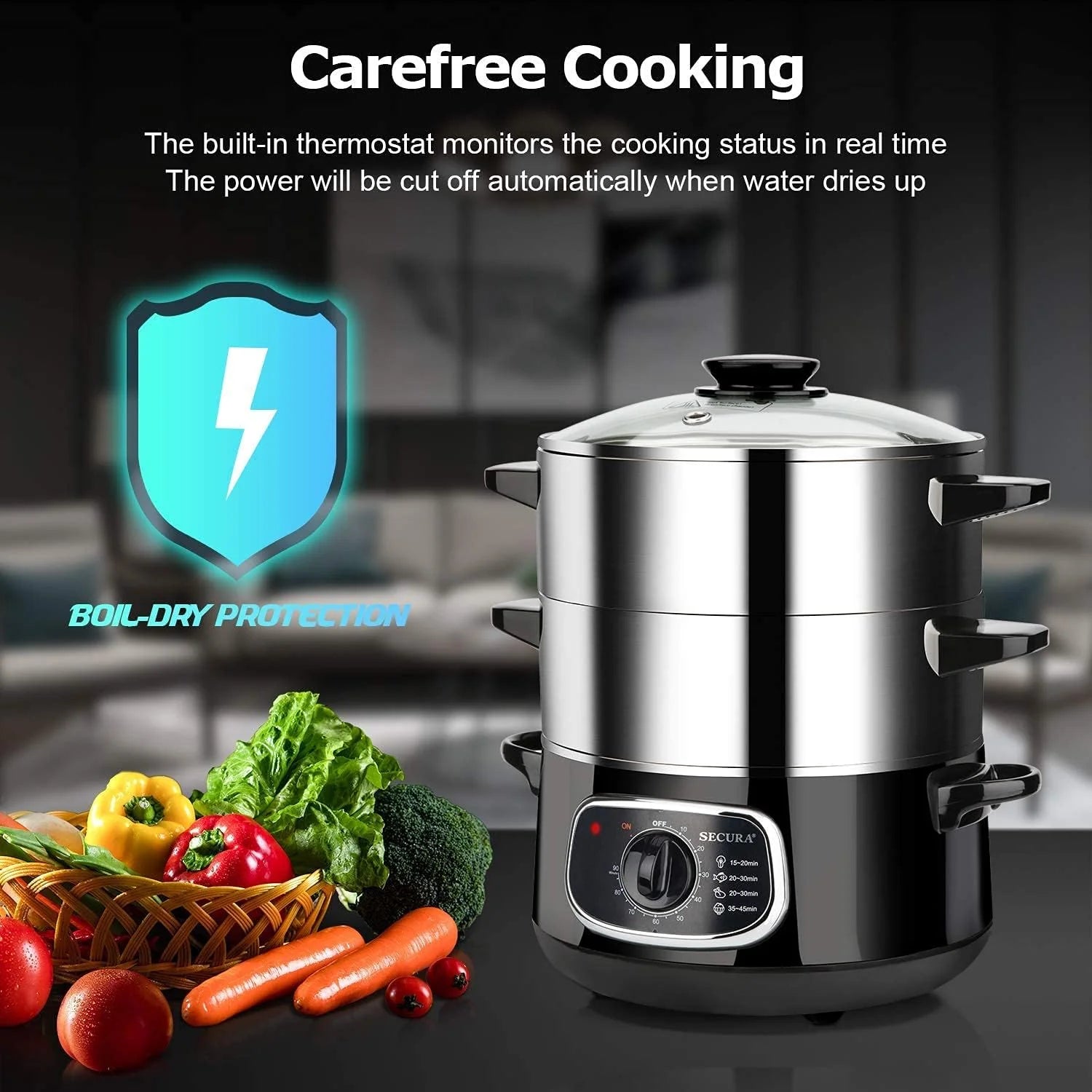 2 stainless steel food steamers, 8.5 liters capacity, electric glass-covered vegetable steamer, double-layer stackable steaming basket, with timer included1 pcs