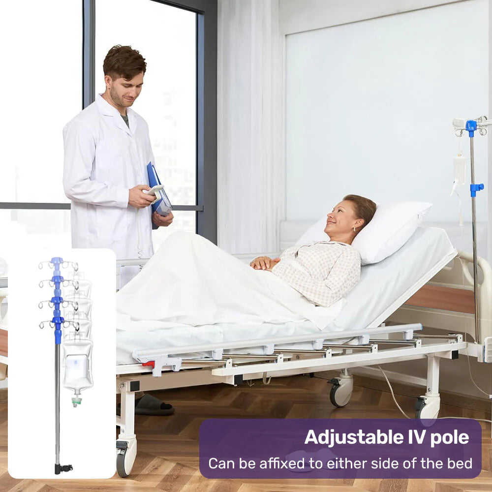 EQUIPMED Medical Bed, w/ Mattress & Over Bed Table, Easy Manual Back and Leg Incline Adjustable, IV Pole, Home Aged Care or ICU Hospital