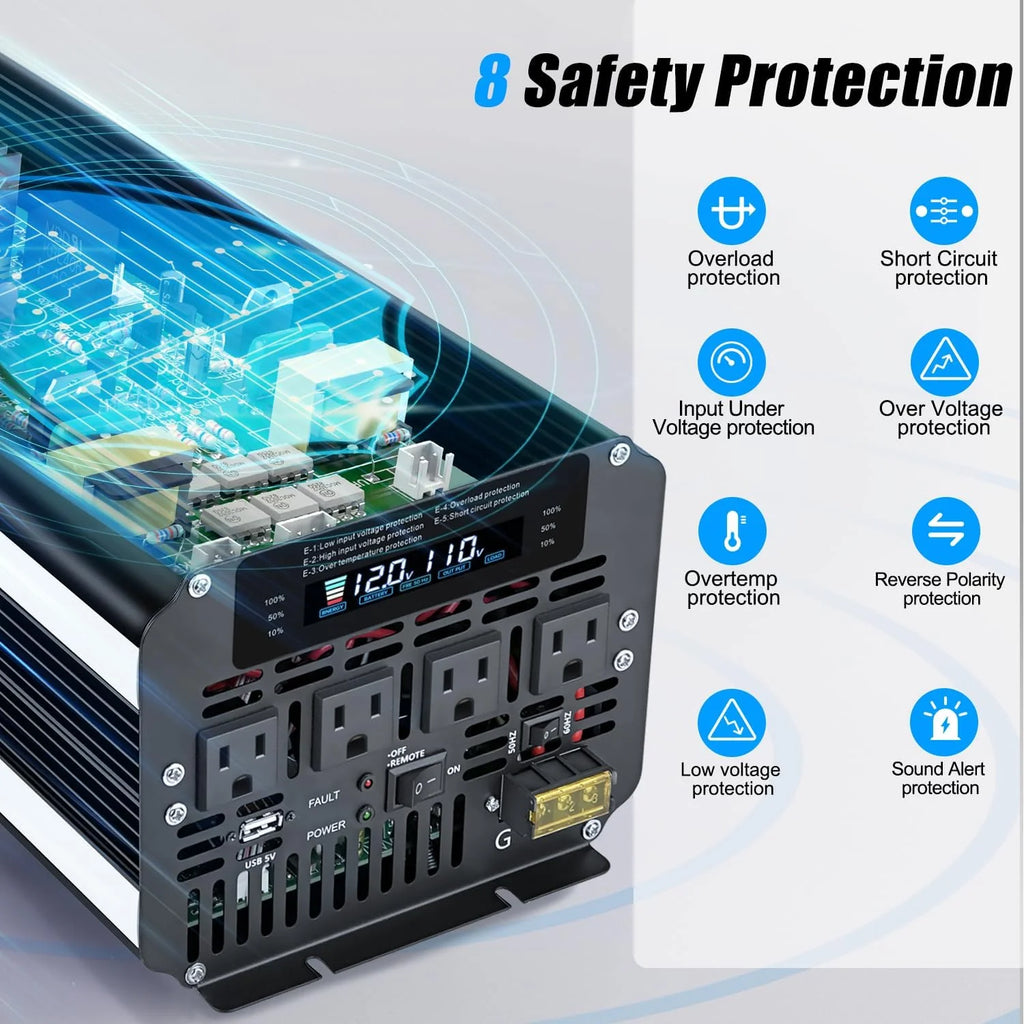 5000 Watt Power Inverter 12V to 110V 120V for Vehicle, Solar Inverter System, Heavy Duty, RV, Truck, Off Grid,Camping with 4 AC Outlets, LCD Display, Wireless Remote Control, Car Power Inverter1 pcs