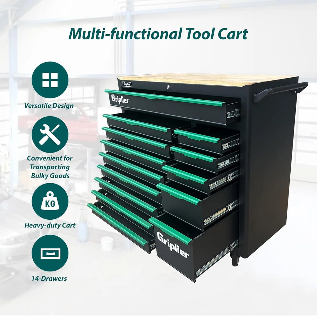 14-Drawers Rolling Tool Chest with Wood Workbench,Brake Casters,Heavy-Duty Steel Cabinet Storage, 46.8W x 18.3D x 42.7H inch1 pcs