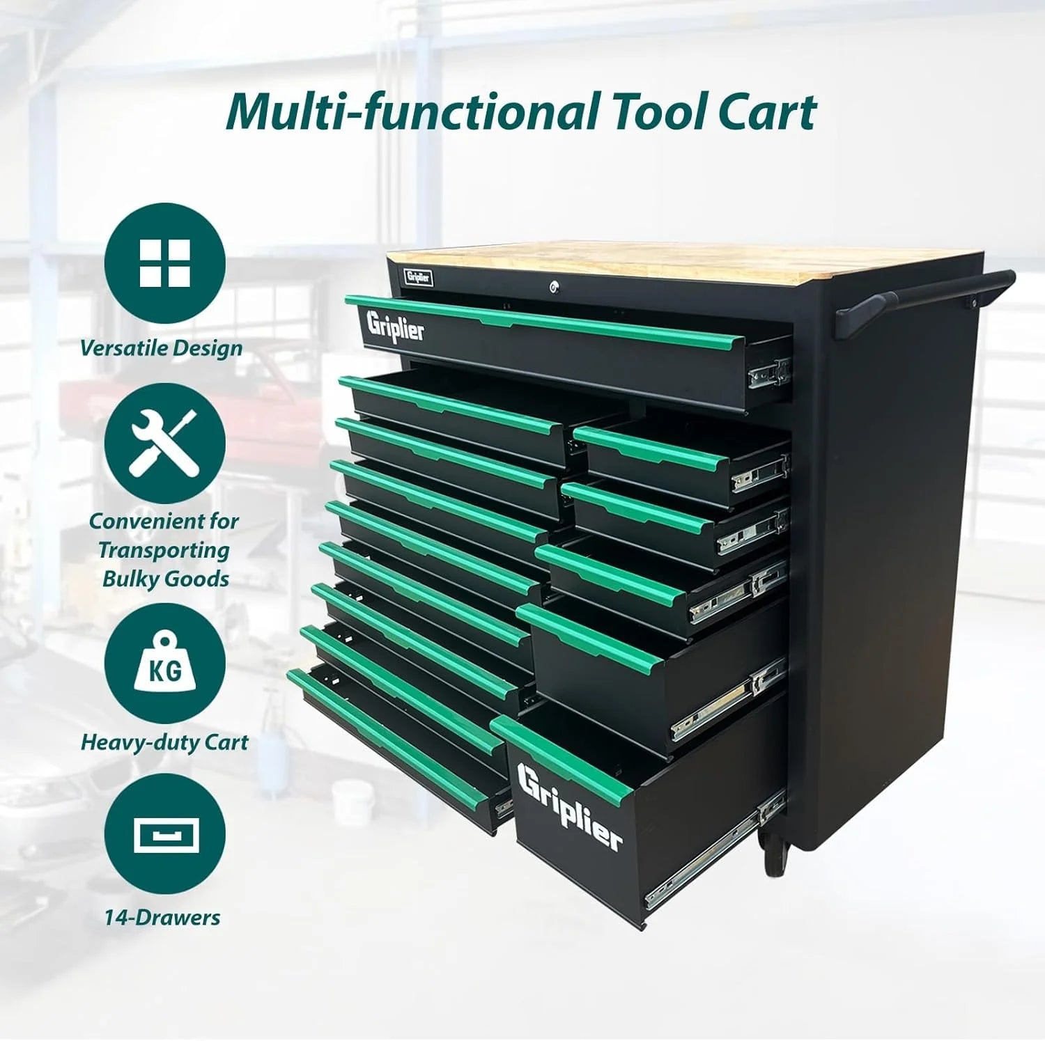 14-Drawers Rolling Tool Chest with Wood Workbench,Brake Casters,Heavy-Duty Steel Cabinet Storage, 46.8W x 18.3D x 42.7H inch1 pcs