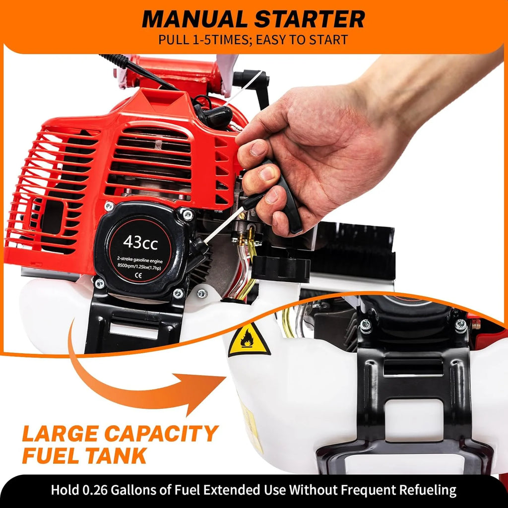 Handheld sweeping broom, 43CC 1.7 horsepower 2-cylinder gasoline engine, rear-mounted sweeping machine, suitable for cleaning parks, gardens, grasslands, lawns and gravel (Model 1)1 pcs