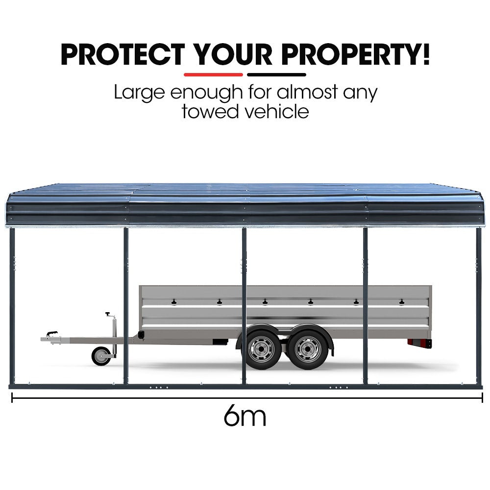 SHADE SHIELD Single Carport Shed 3.3 x 6 x 2.8m, Galvanised Steel Frame, Powder Coated Gable Roof, Shelter for Car Caravan Boat Tractor Agricultural