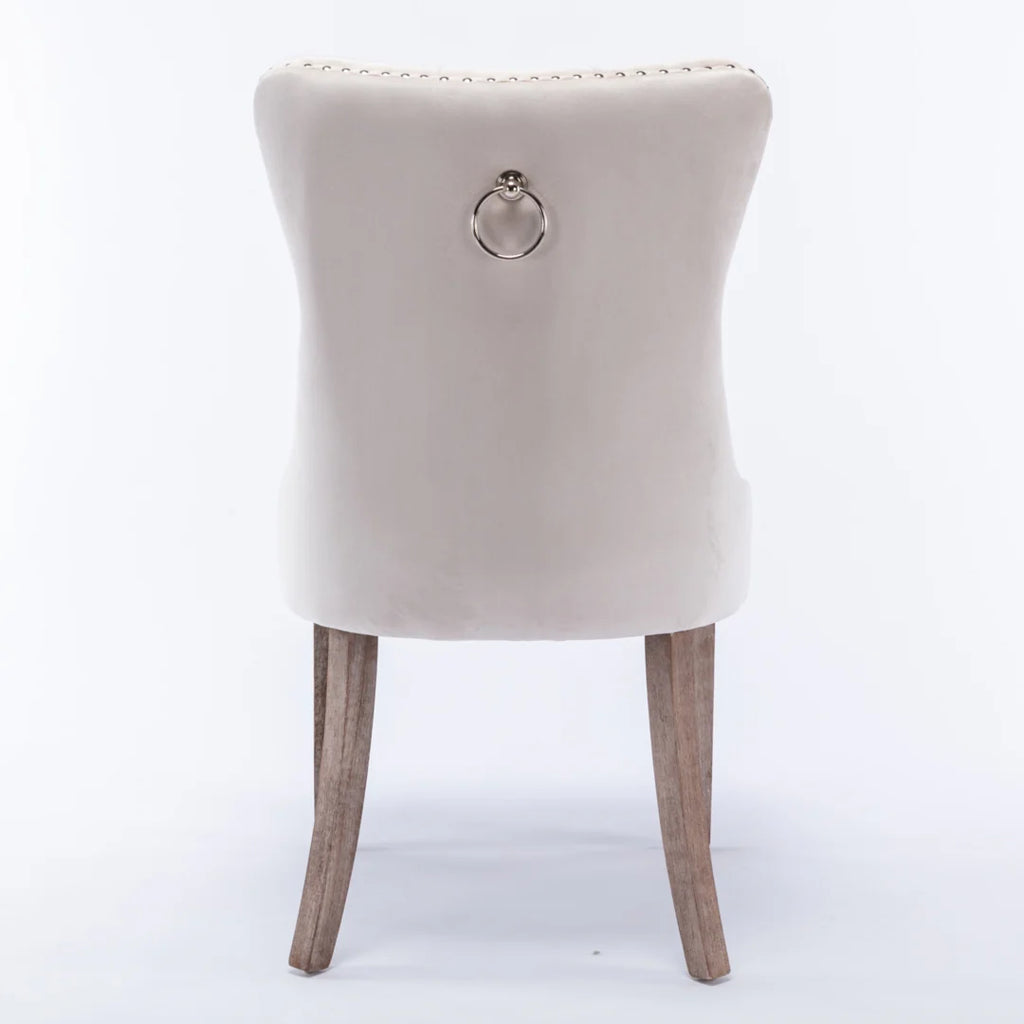 6x Velvet Dining Chairs Upholstered Tufted Kithcen Chair with Solid Wood Legs Stud Trim and Ring-Beige