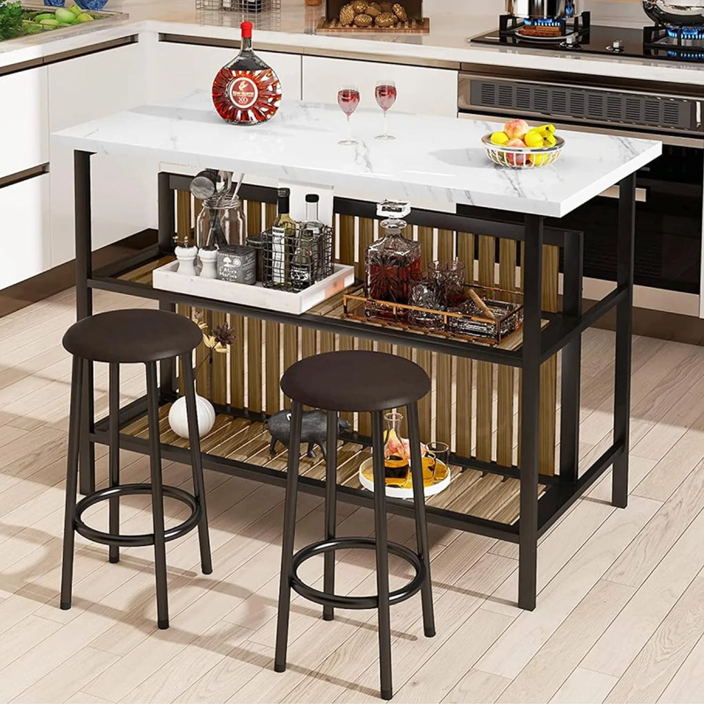 Kitchen Island with Seating & Storage Shelf, Faux Marble Island Table for Kitchen, Modern Bar Table and Chairs Set for 2,Dining Table Set for Small Space,White1 pcs