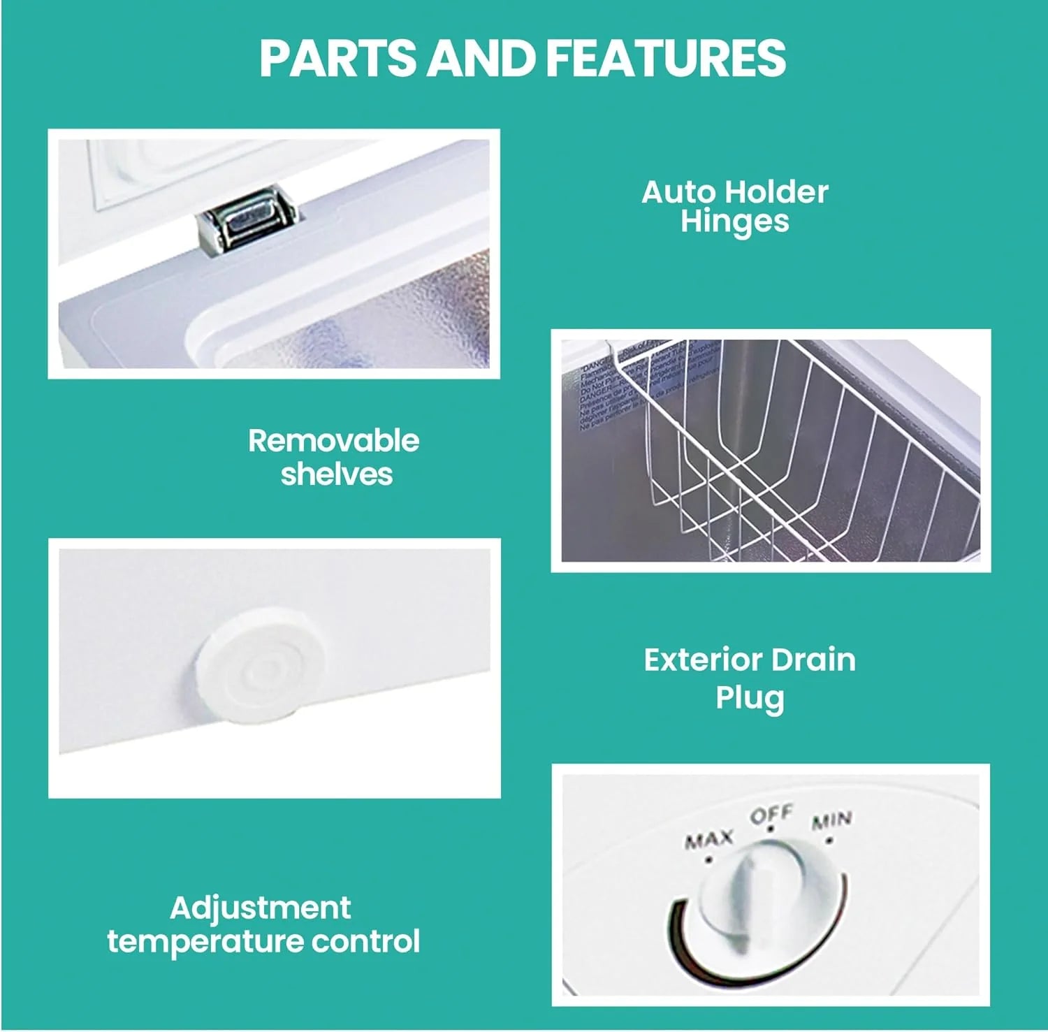 5.0 cu ft (155L), White, Manual Defrost Deep Freeze, Storage Basket, Space-Saving Flat Back, Stay-Open Lid, Front-Access Defrost Drain, for Apartment, Condo, Cottage1 pcs