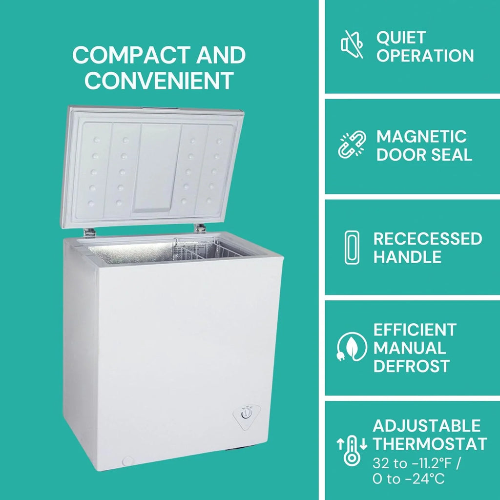 5.0 cu ft (155L), White, Manual Defrost Deep Freeze, Storage Basket, Space-Saving Flat Back, Stay-Open Lid, Front-Access Defrost Drain, for Apartment, Condo, Cottage1 pcs