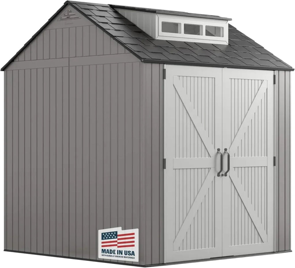 Rubbermaid resin garden shed with floor (2.13 x 2.13 m), weatherproof, grey, for storing garden tools, lawnmowers, bicycles and pool accessories