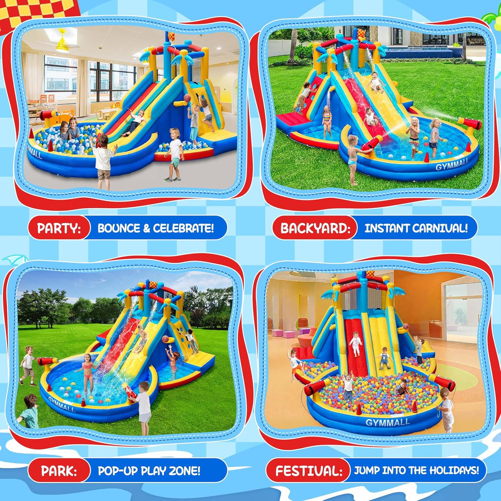 Inflatable Water Slide Bounce House with 550 W Blower, 8-in-1 Blow up Bouncy Castle Waterslide Park for Kids Outdoor and Indoor, Bouncer House with Large Pool, Double Slides and Climbing Walls1 pcs