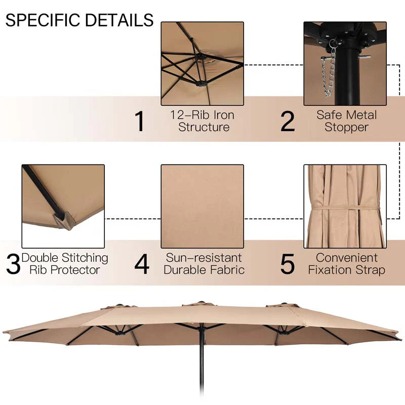 10Pcs Patio Rattan Dining Set with 15FT Double-Sided Umbrella, Heavy Duty Acacia Wood Table & Stackable Wicker Chairs