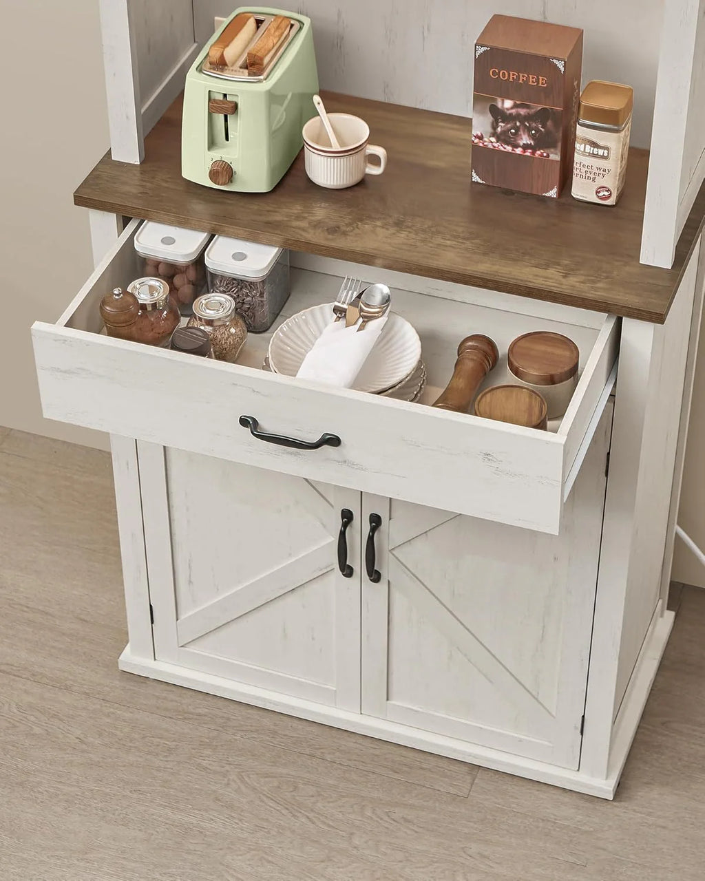 Pantry Cabinet with Lights and Charging Station, Kitchen Storage Cabinet with Doors and Drawer, 39.5 x 80.4 x 180.6 cm, Adjustable Shelves, Farmhouse Style, Rustic White1 pcs