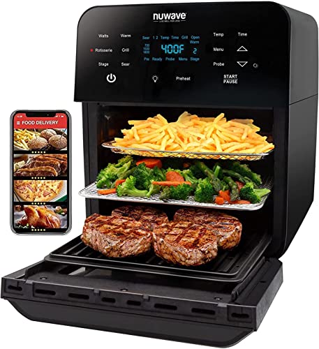 Nuwave Brio Air Fryer Oven, 15.5Qt X Large Family Size, SS Rotisserie Basket &amp;Skewer Kit, Reversible Ultra Non Stick Grill/Griddle Plate, Powerful 1800W, Integrated Smart Thermometer,Black : Home &amp; Kitchen