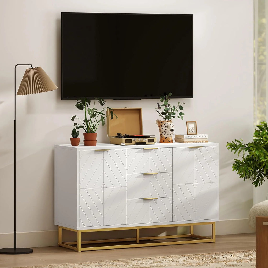 Sideboard Buffet Cabinet with Storage, Contemporary Buffet Cabinet with Adjustable Shelves and Metal Legs, Kitchen Storage Cabinet with Elevated Base, White1 pcs