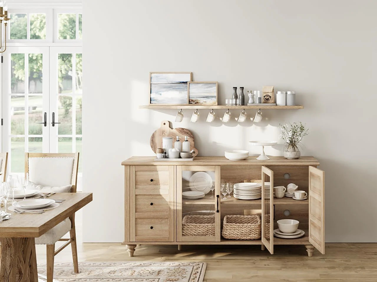 Sideboard Buffet Cabinets with Glass Door, Kitchen Storage Cabinets,Wood Coffee Bar Tables, Accent Sideboard Storage Cabinet Table Dining Room, Living Room,Oak1 pcs