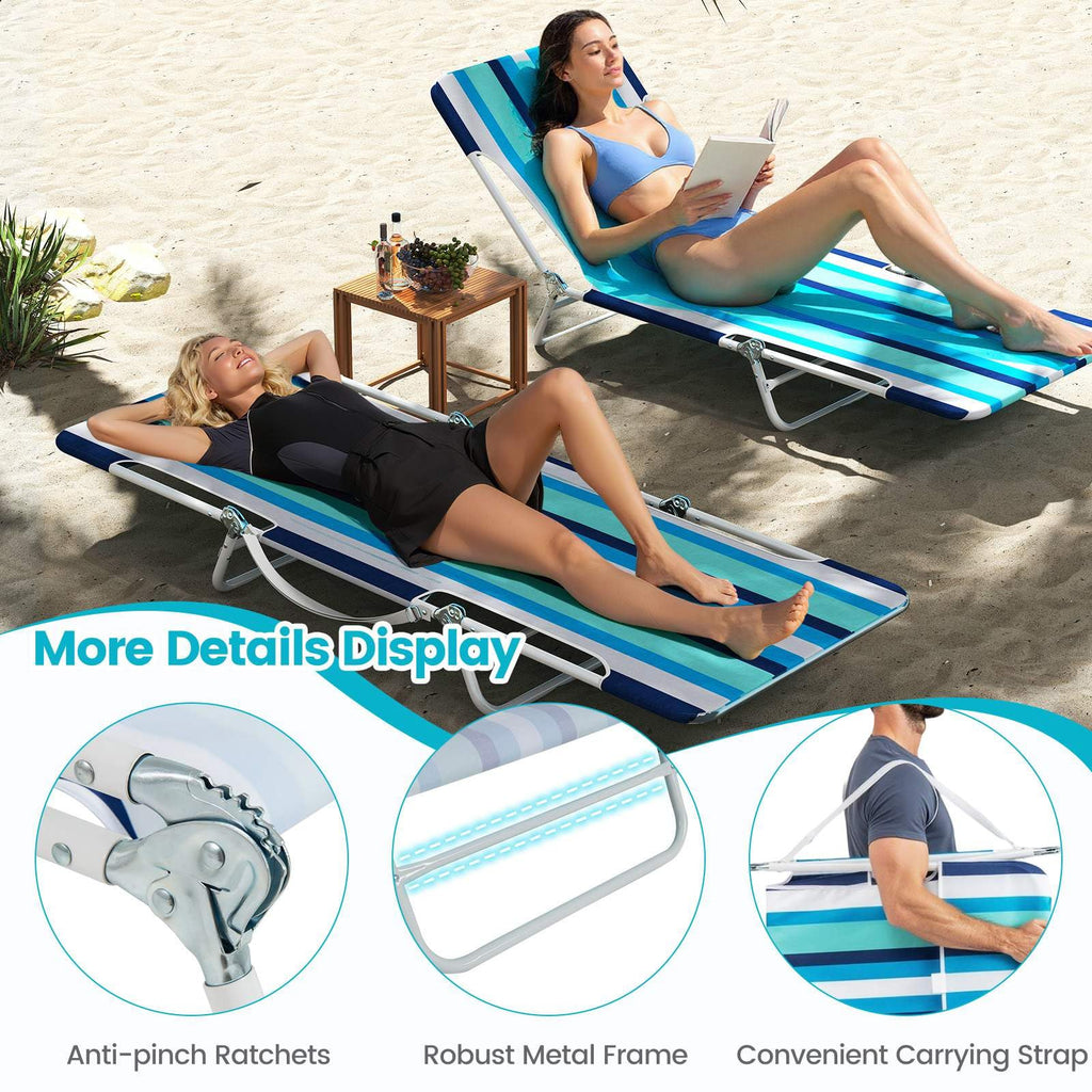 2 Pieces 5-position Outdoor Folding Chaise Lounge with Carry Strap for Patio