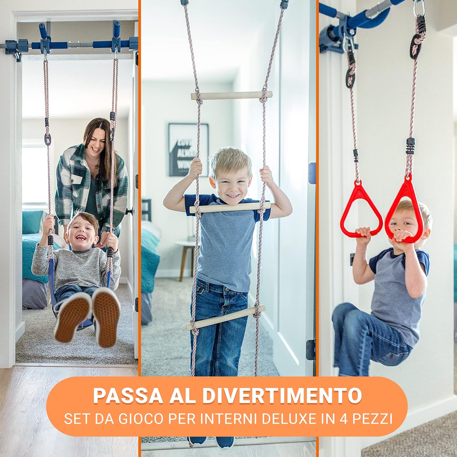 6-Piece Doorway Gym for Kids, includes Door Sensory Swing, Indoor Pull-Up Bar for Adults, Rings, Hanging Trapeze, Ladder & Knotted Rope, Holds Up to 300 Lbs