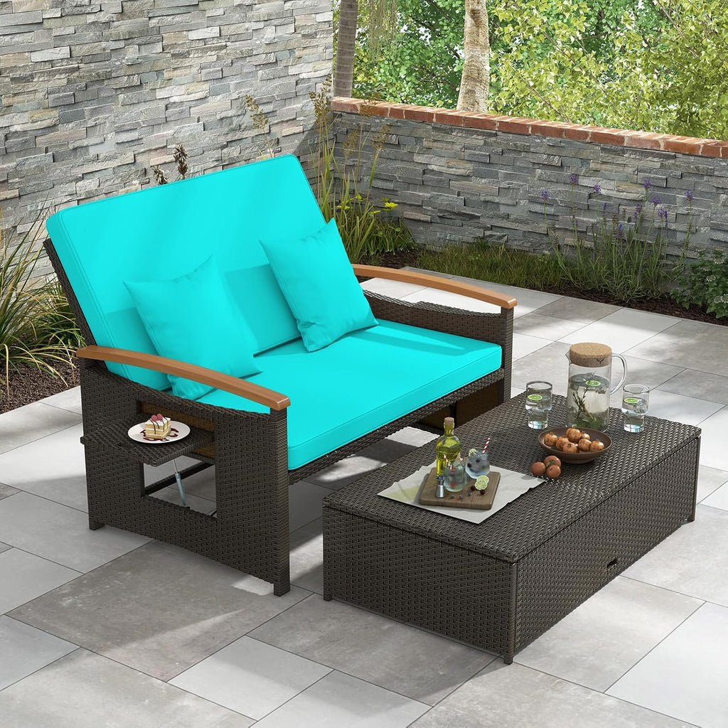 Outdoor Wicker Sofa Daybed, Rattan Loveseat with Folding Panels & Storage Ottoman, 4-Level Adjustable Backrest, Cozy Cushions Included, Sun Lounger Daybed for Backyard Porch,1 pcs