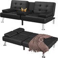 Futon Sofa Bed Convertible Folding Futon Set Modern Recliner Lounge for Small Room & Living Room with 2 Cup Holders, Removable Armrests (Artificial Leather, Black)1 pcs