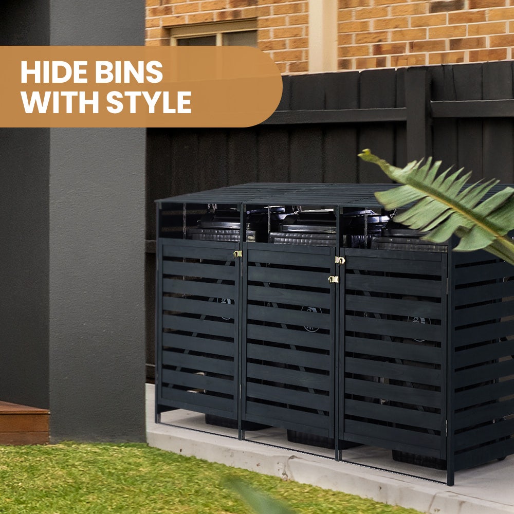 PLANTCRAFT Triple Wood Wheelie Bins Storage Shed, 3 Door Garbage Rubbish Bin Enclosure