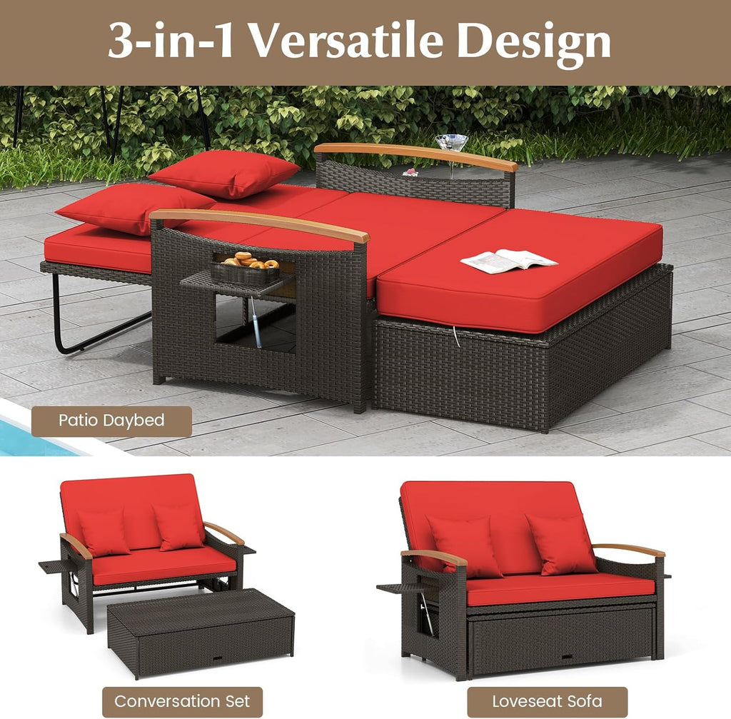 Outdoor Wicker Sofa Daybed, Rattan Loveseat with Folding Panels & Storage Ottoman, 4-Level Adjustable Backrest, Cozy Cushions Included, Sun Lounger Daybed for Backyard Porch,1 pcs